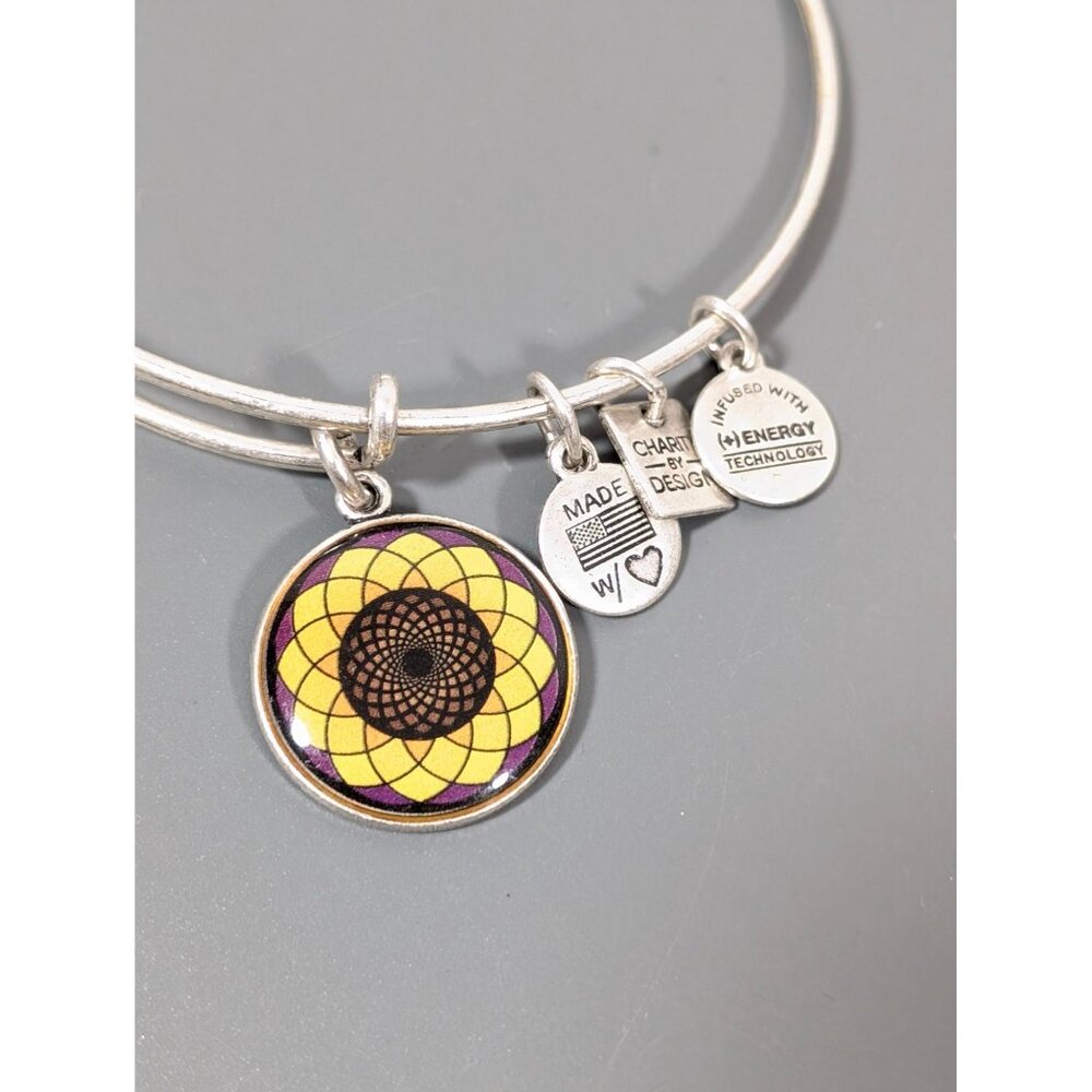 Alex and Ani Sunflower Charm Bracelet Silver Tone Stacking Bangle 7.5"